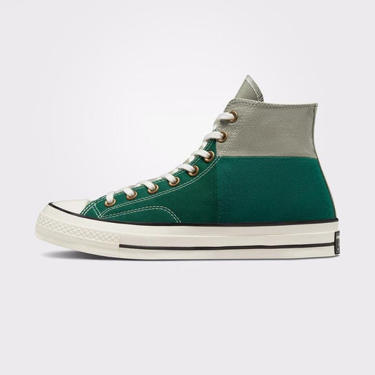 High angle view of Converse Chuck 70 Colorblocked Unisex Green Sneaker, showcasing its color-blocked, 100% recycled upper