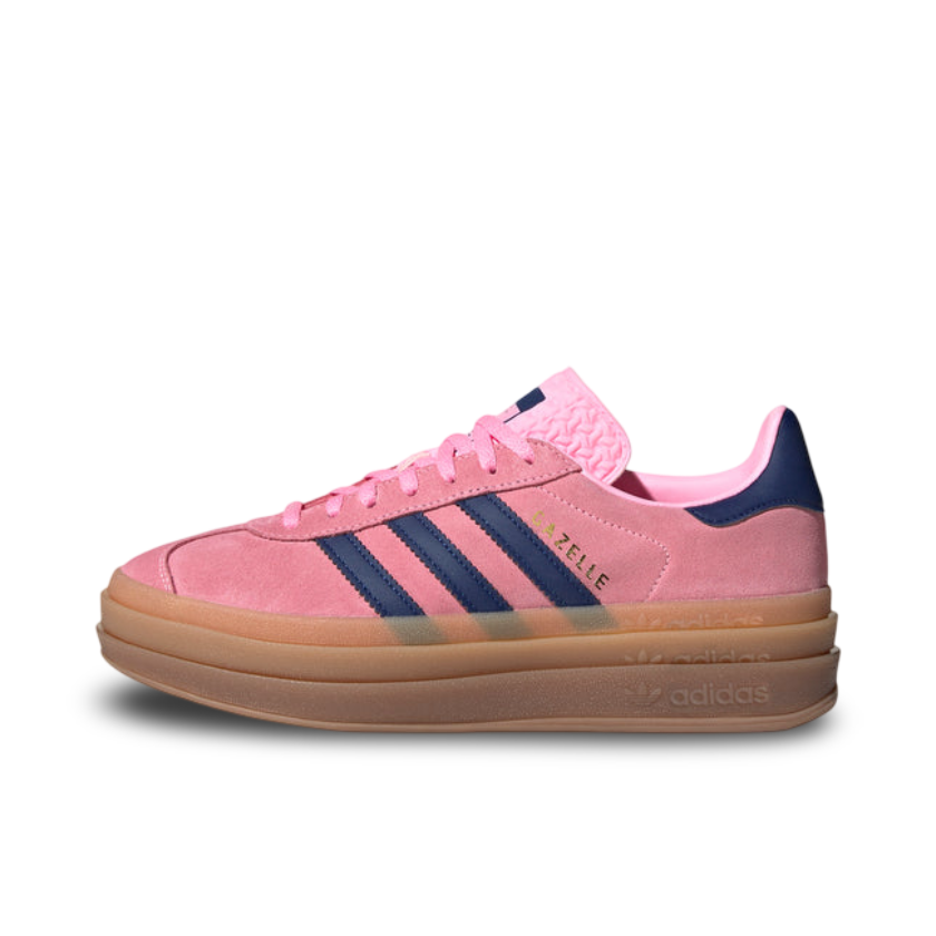 Side view of adidas Women's Gazelle Bold in pink suede with blue serrated stripes and triple-stacked gum outsole.