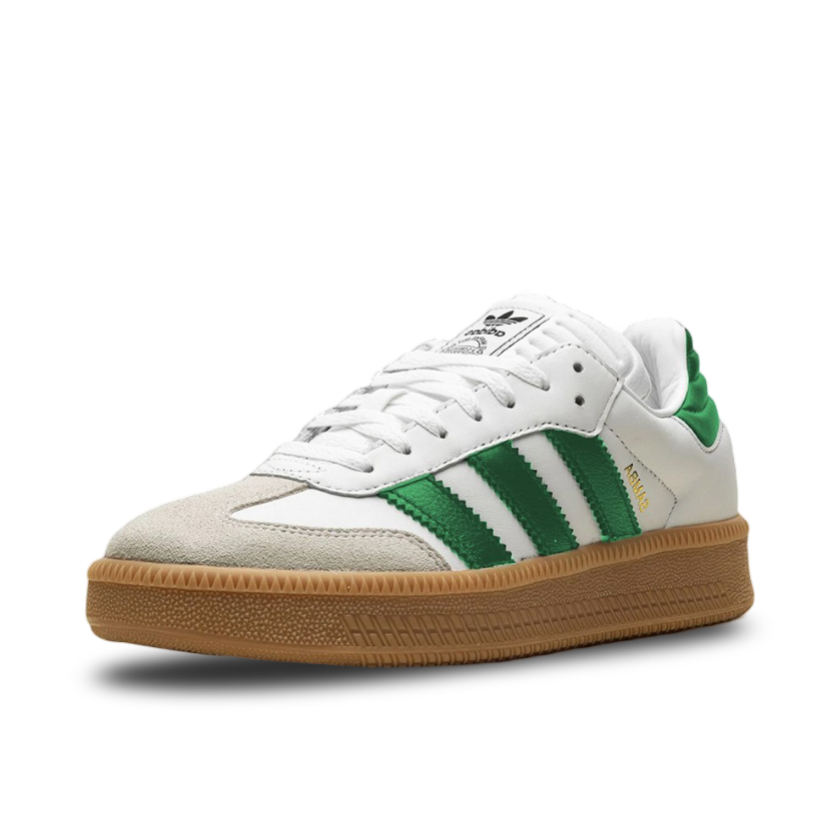 Side image of the Green Adidas Samba XLG sneaker with a thick sole.