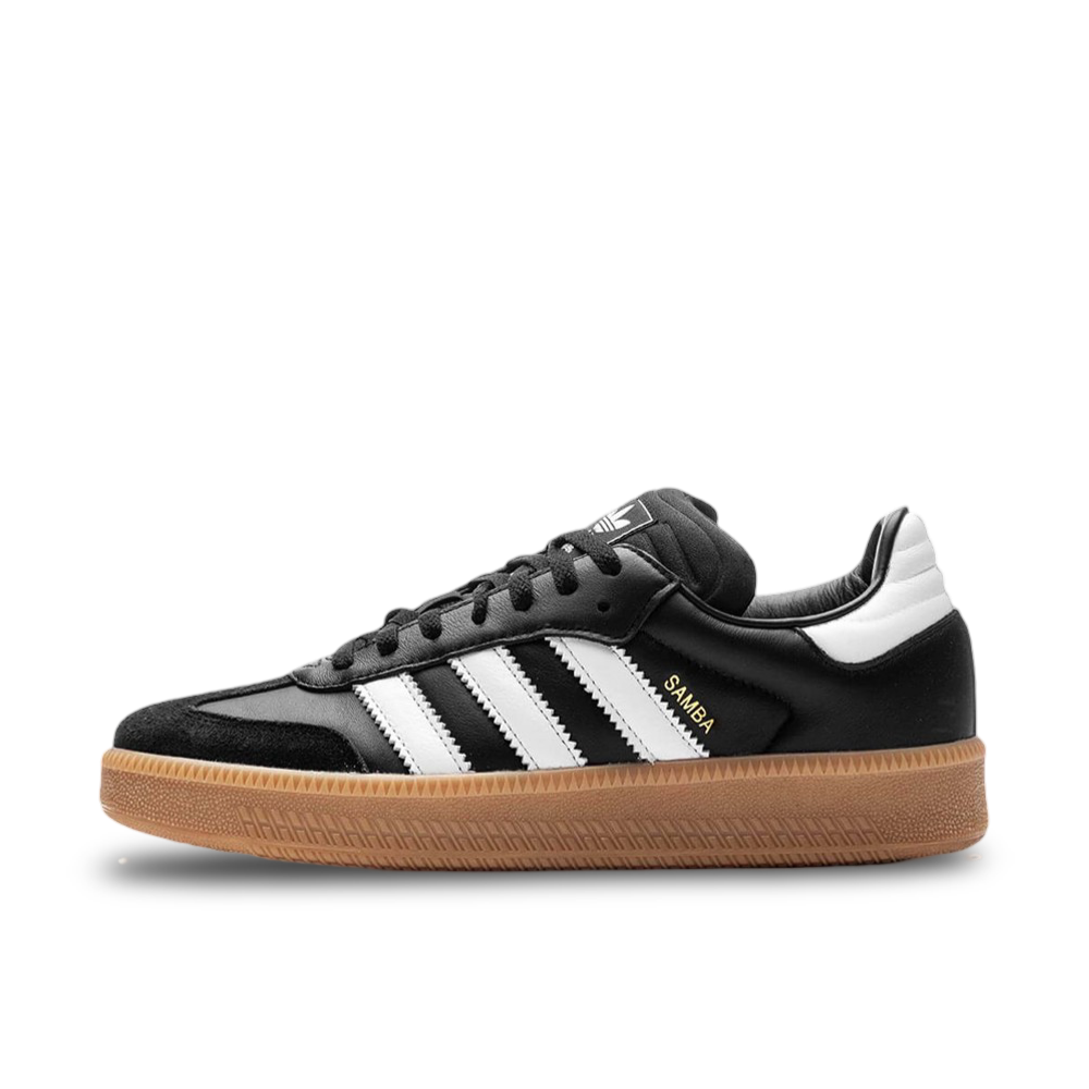 Side image of the Adidas Samba XLG Core Black And White shoes showing thr white stripes, and brown sole.