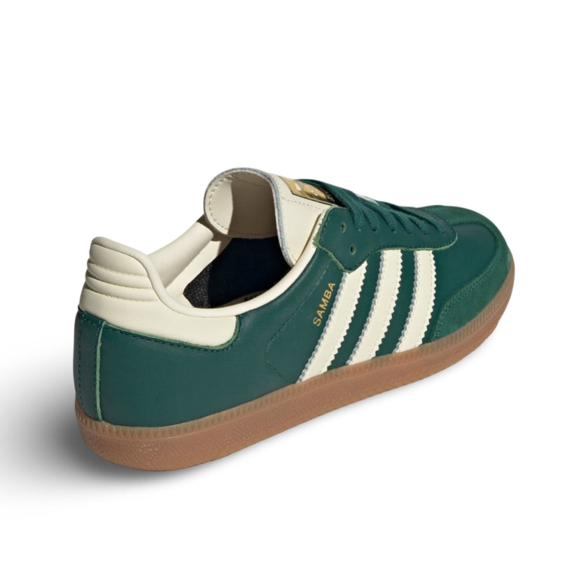 Adidas Samba OG Collegiate Green Back side angle showing the cream white upper heel tab and the smooth green leather and brown gum sole.