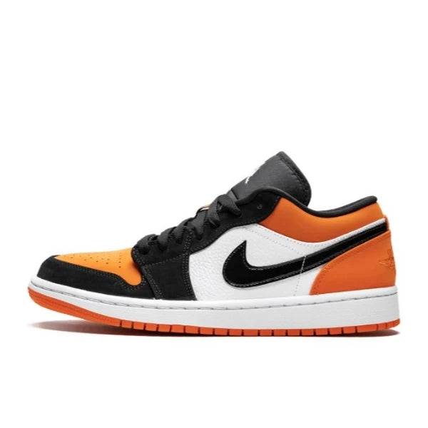 Air jordan 1 low Shattered Backboard showing the blend of black Suede and orangeleather.