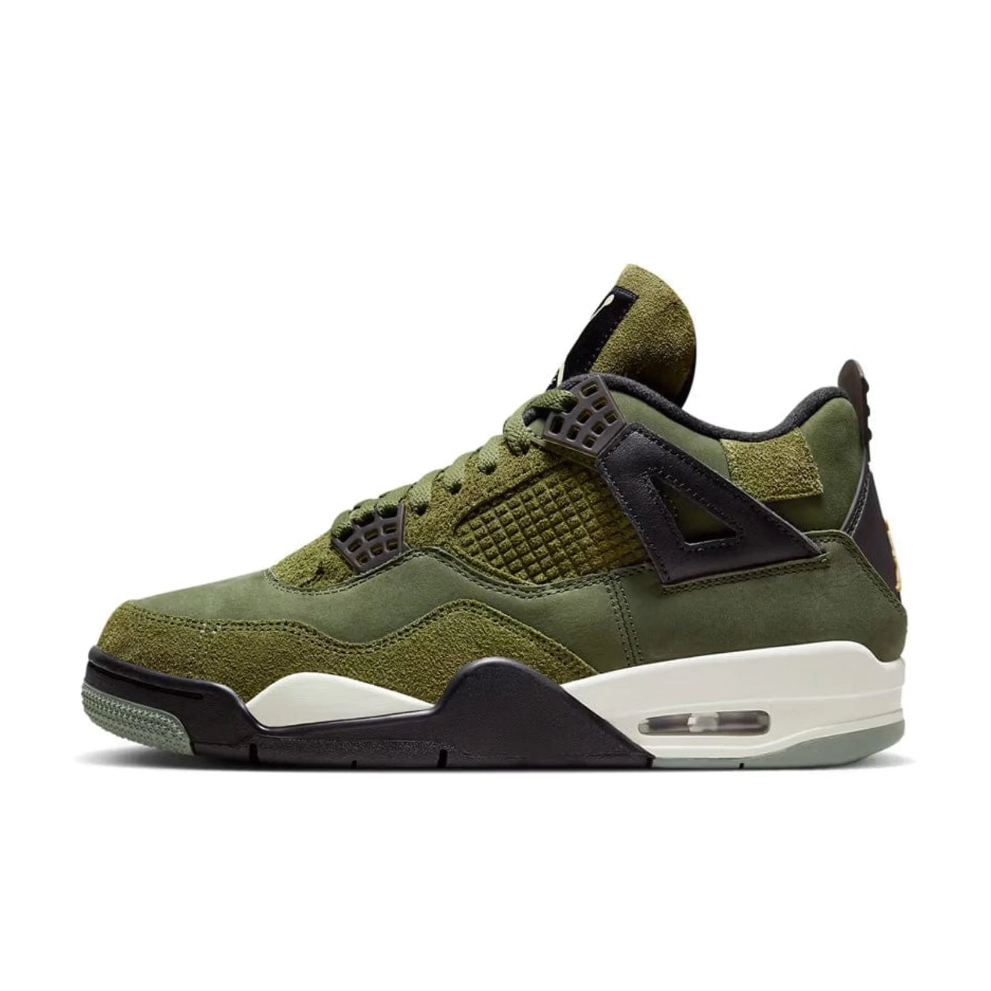 Jordan 4 Retro SE Craft Mid Olive main Image showing the green upper and white black sole.