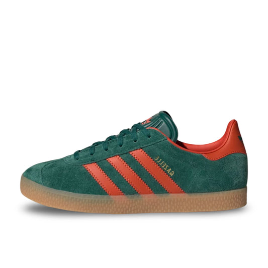 Adidas Gazelle Collegiate Green with prelover red stripes and a gum sole