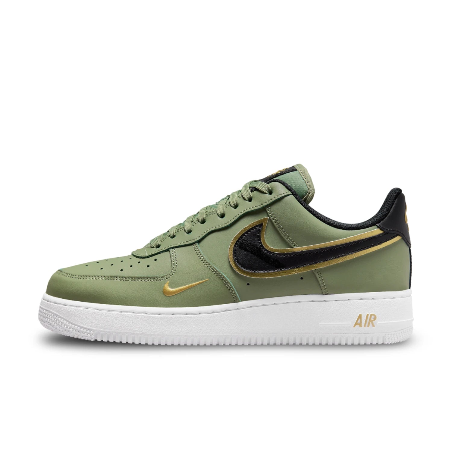 Nike Air Force 1 Low Oil Green/Gold features a green leather upper and a white rubber sole