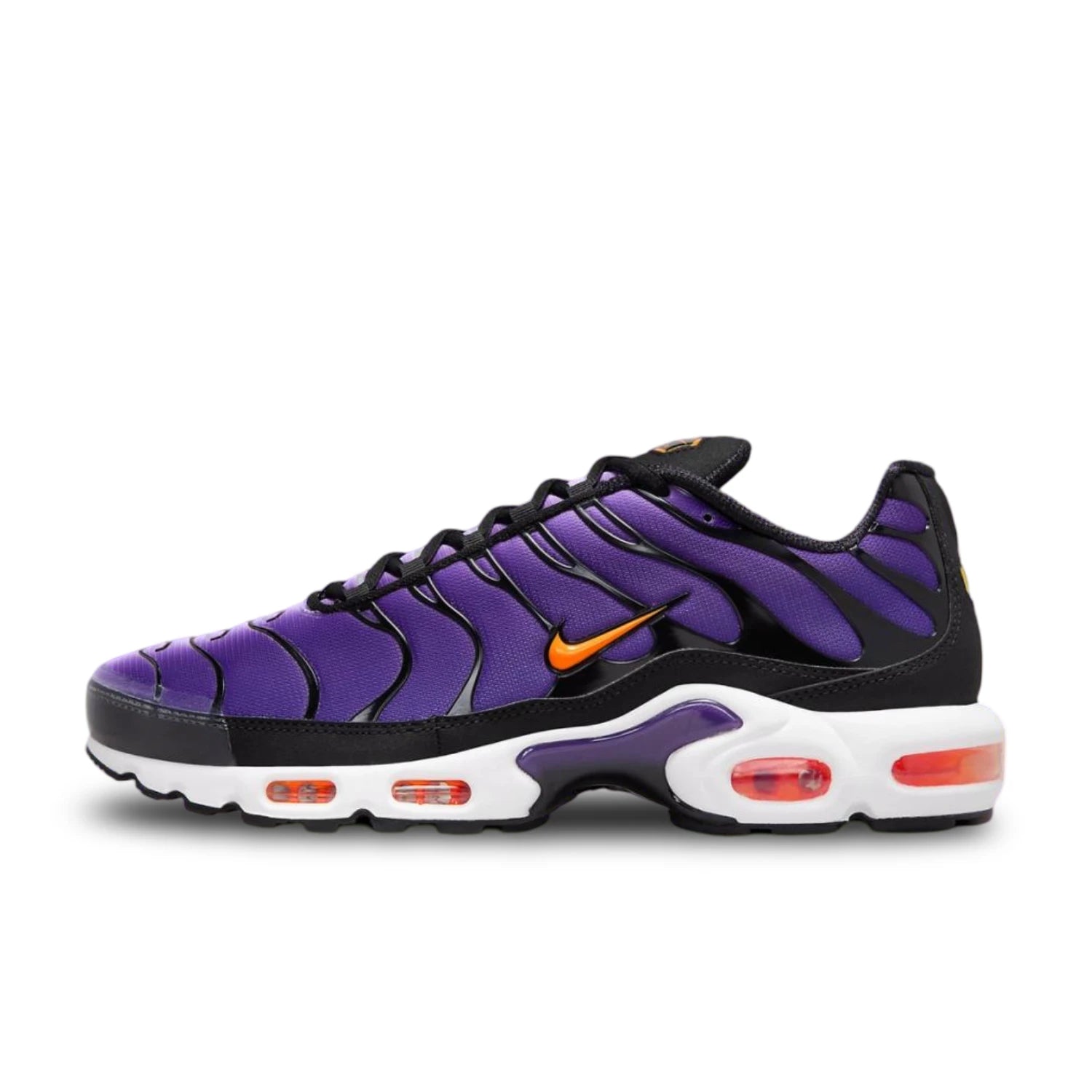 Nike Air Max Plus OG “Voltage Purple” sneakers product image, the picture shows the shoes facing left with the orange and white sole