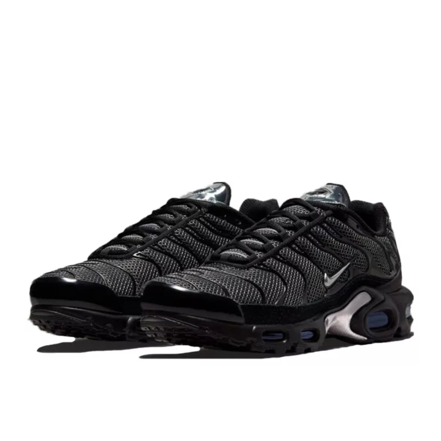 Product image showing two pairs of the Nike Air Max Plus TN in black silver