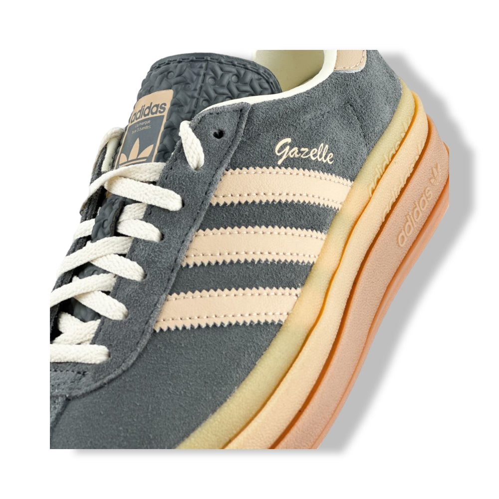 Adidas Gazelle Bold Grey Magic women's trainers on a model, styled for a summer outfit with casual shorts and a tank top