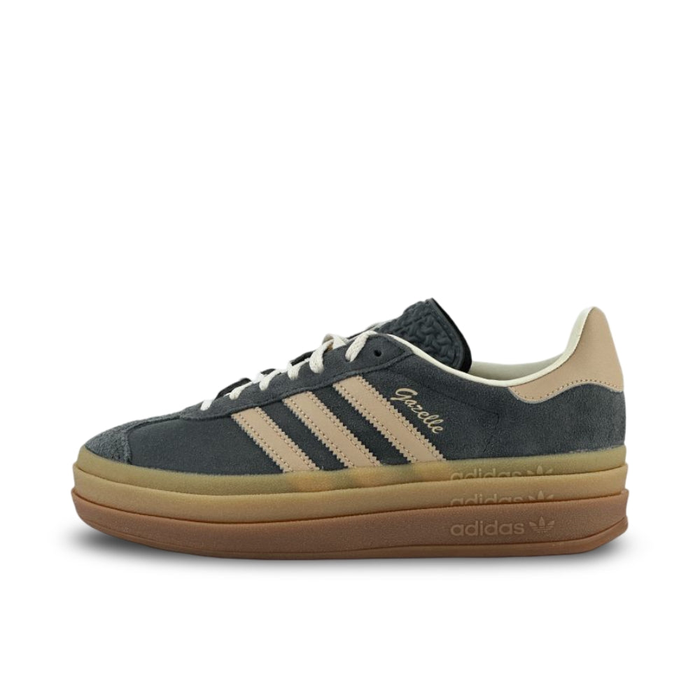 Adidas Gazelle Bold Grey Magic women's sneakers featuring a greyish-blue suede upper and retro beige stripes against a white background