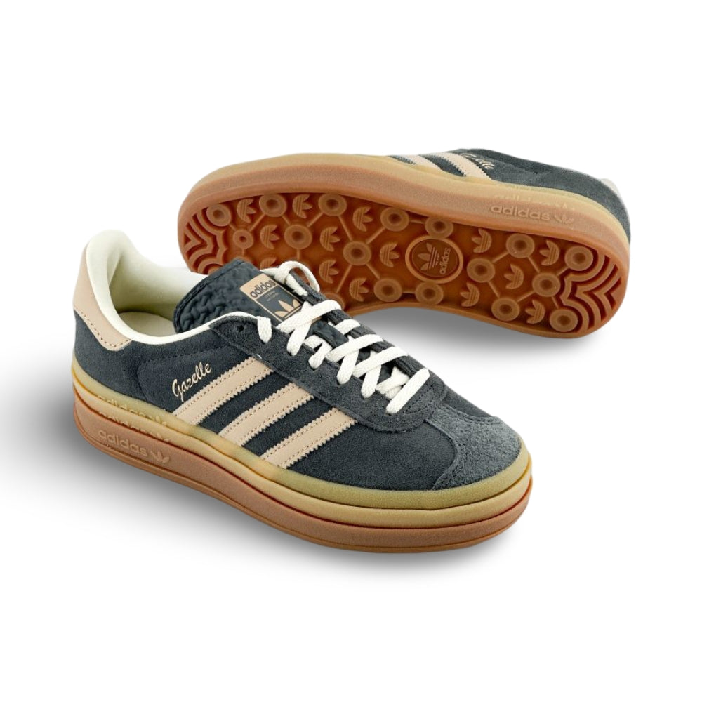 Side view of Adidas Gazelle Bold Grey Magic sneakers, highlighting the triple-layer gum rubber sole and stylish grey suede upper.