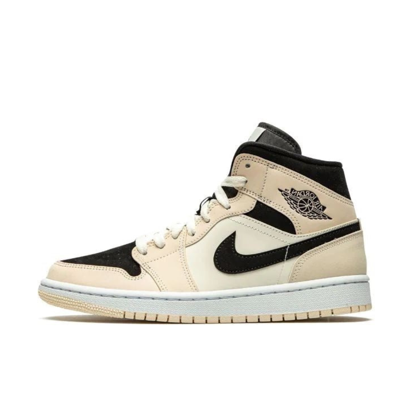 Air Jordan 1 mid barely orange color, this product image showcases the black nike swoosh and the almost orange peachy leather with a blend of beige.