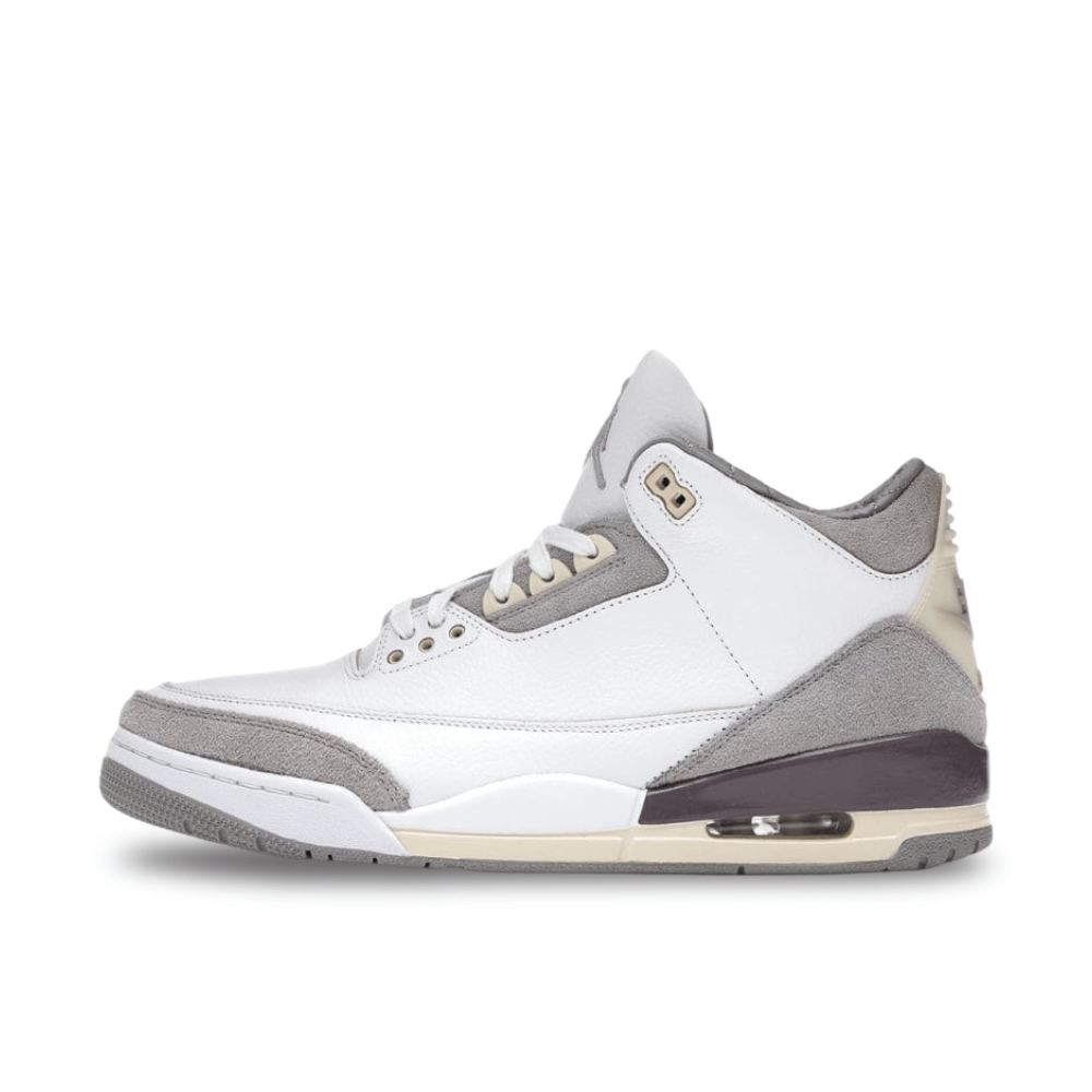 A Ma Maniére x Women's Air Jordan 3 Retro SP sneaker in white tumbled leather and grey suede, showcasing quilted lining and violet accents