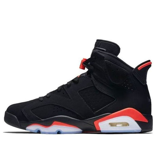 A side view of the Jordan 6 retro infrared showcasing the breathable leather and red accents on the sole and heel tongue.