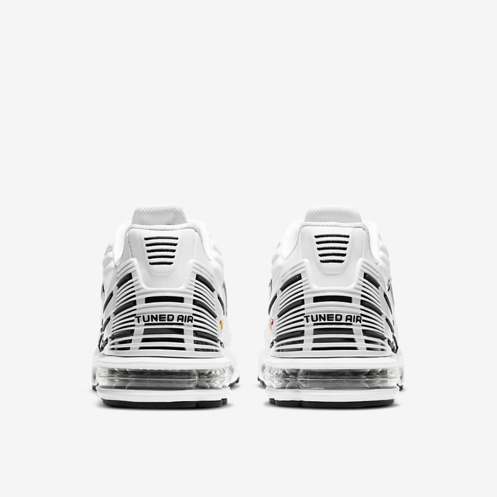 back view of the nike air max plus 3 in white and black showing the mesh black and white mesh and 'tuned air' writing