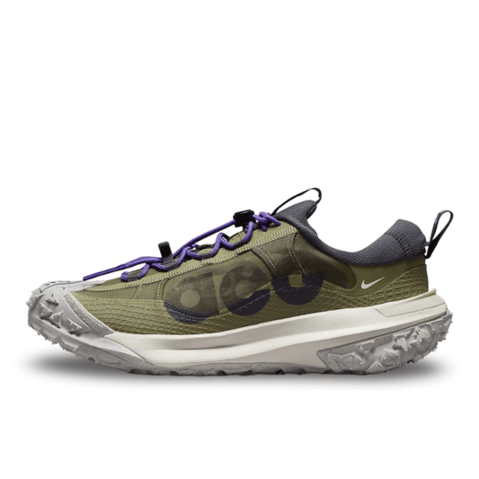 Nike ACG Mountain Fly 2 Low Neutal Olive Side Showcasing the purple laces and a white small Swoosh near the black acg print.