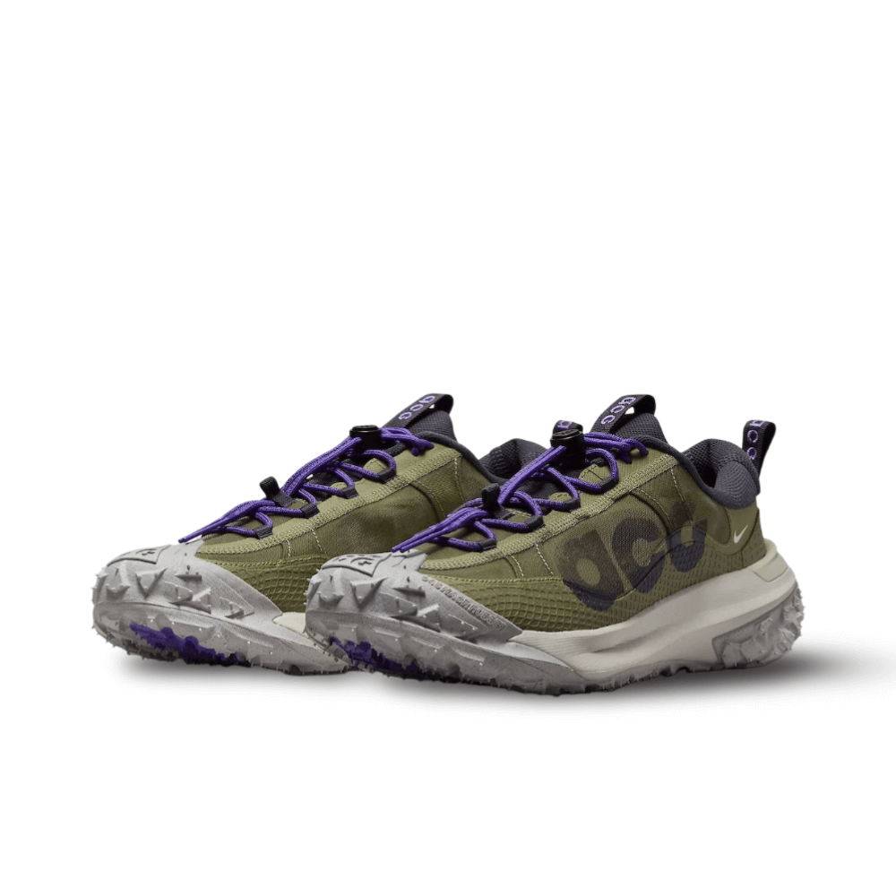 side image of the nike acg mountain fly 2 low in neutral olive color and purple laces