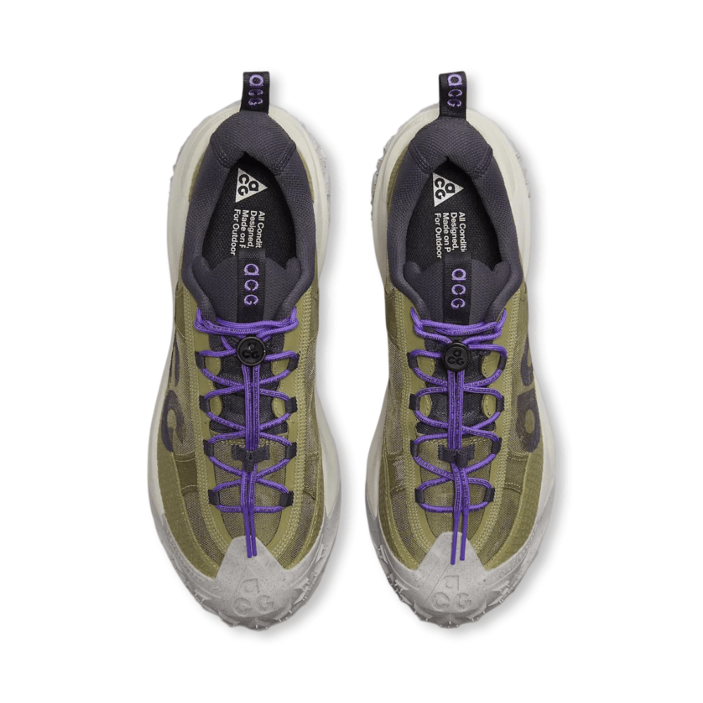 Aerial image of the nike acg mountain fly 2 low in neutral olive color and purple laces