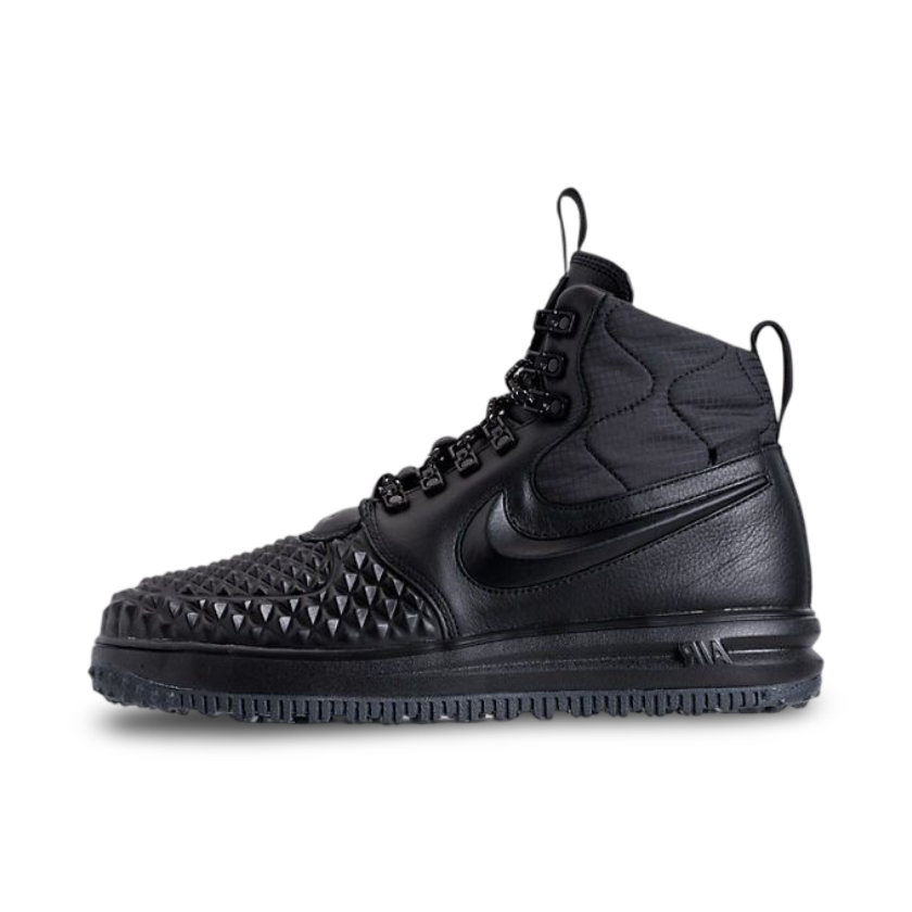 Nike Lunar Force 1 Duckboot triple Black Side view image showing the all black Leather and Swoosh.