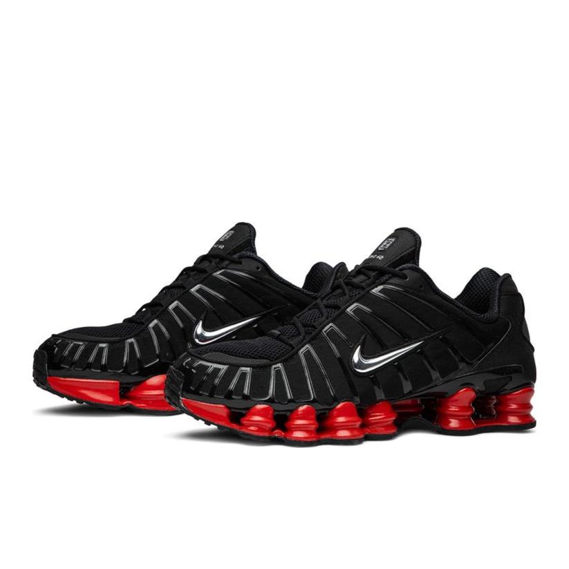 Side angle of the Nike Shox TL x Skepta, emphasizing its dynamic silhouette and unique colorway