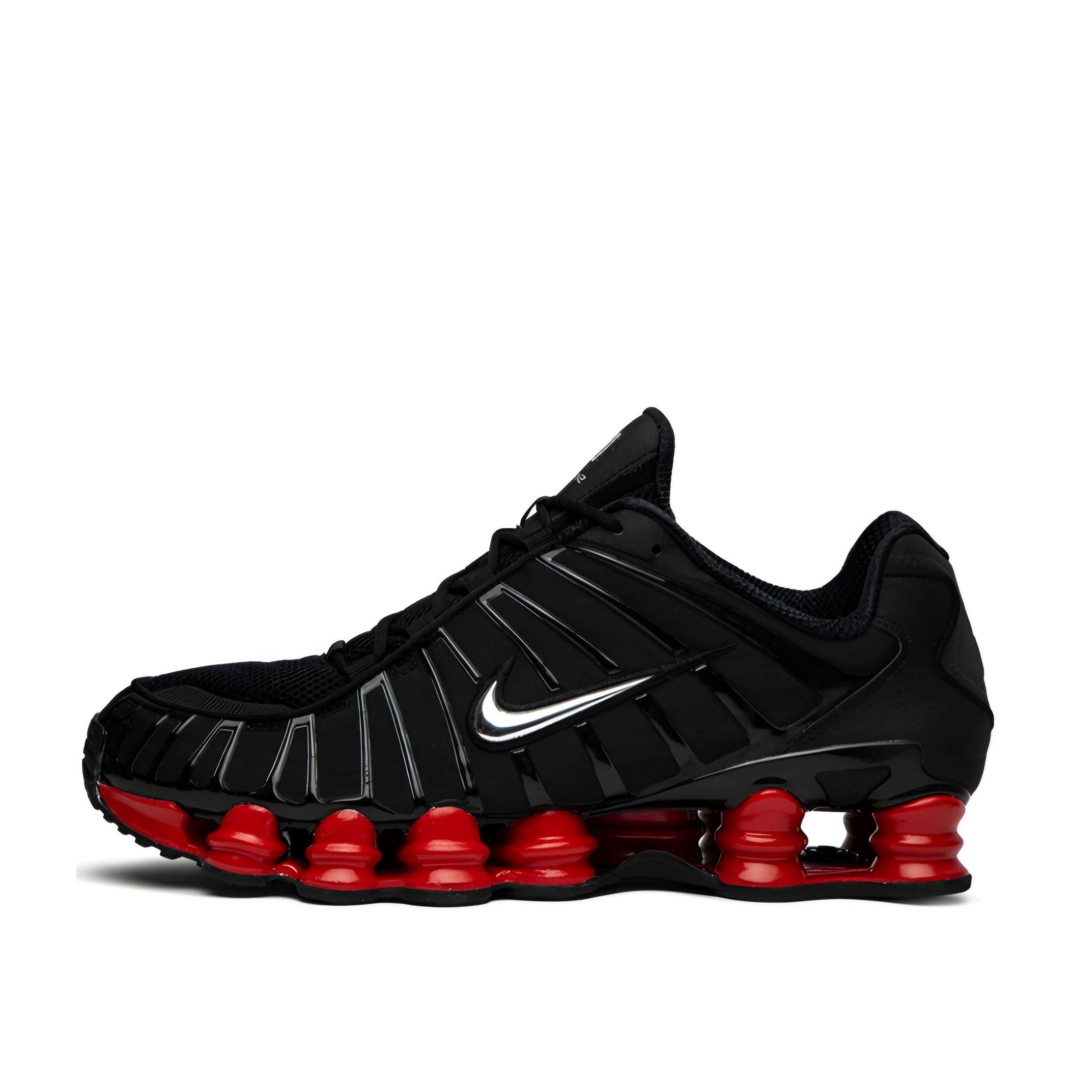 nike shox tl x skepta black red featuring a silver Swoosh and Silver linings.