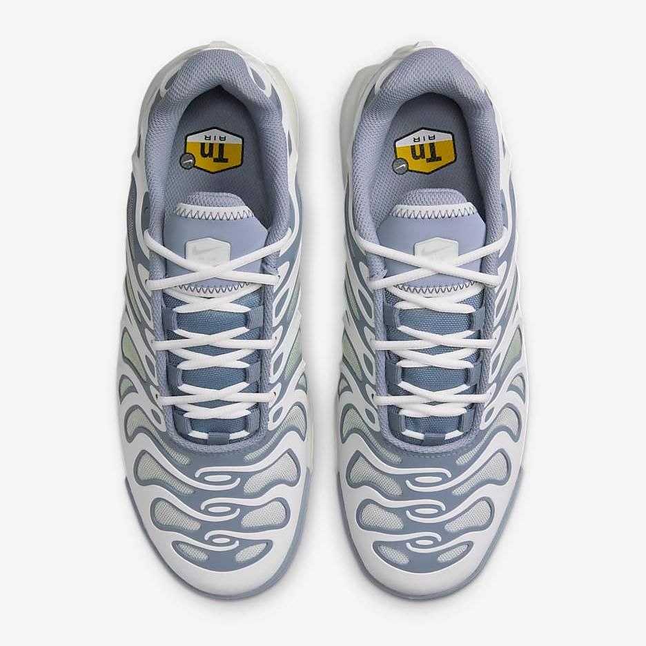 upper-view of Nike Air Max Plus Drift Women's Summit White mesh upper with Light Silver accent and a yellow tn logo