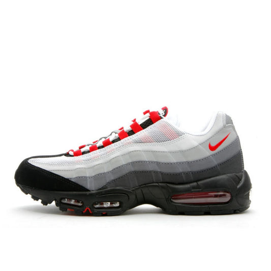 The Nike Air Max 95 product image showing a clean white as the base, accented by sport red for a bold touch, and grey tones for a sleek, neutral balance.