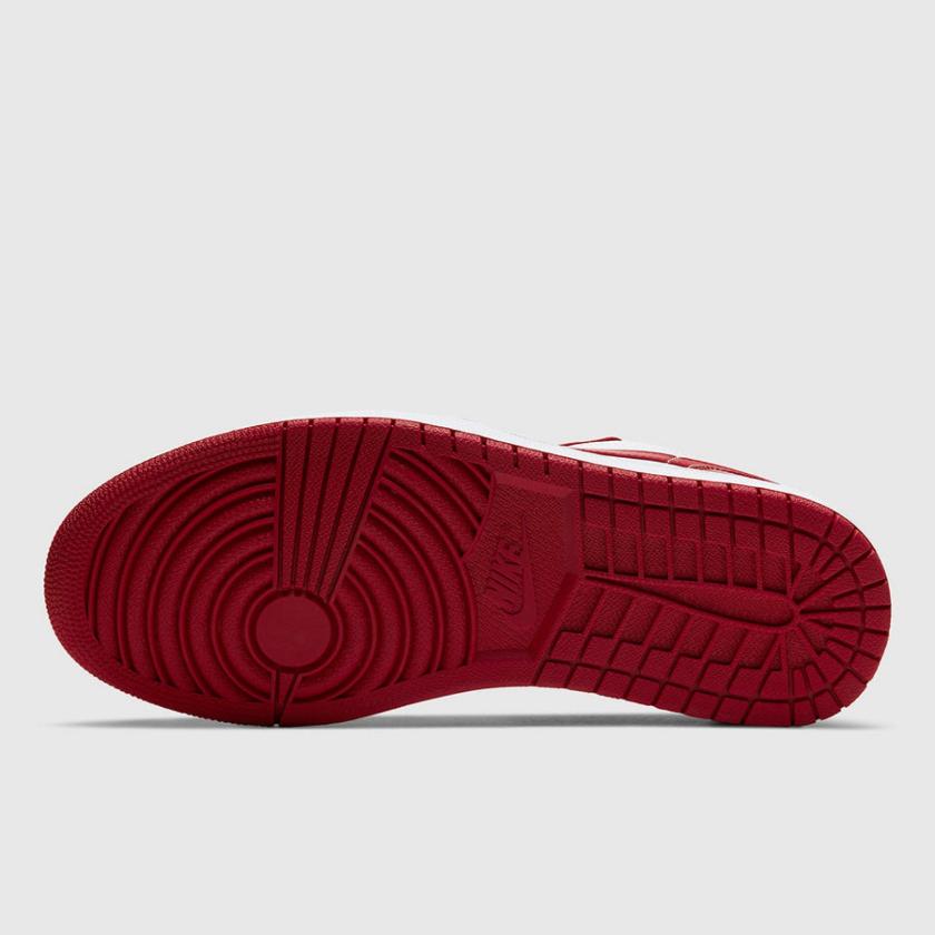 Under sole of the Jordan 1 gym red sneakers.