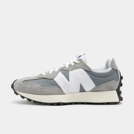 New Balance 327 in grey and white side-view image, showcasing the big N logo and the grey suede upper with mesh.