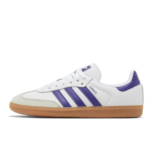 adidas samba purple and white sneakers. This image shows the purple stripes and brown gum sole.